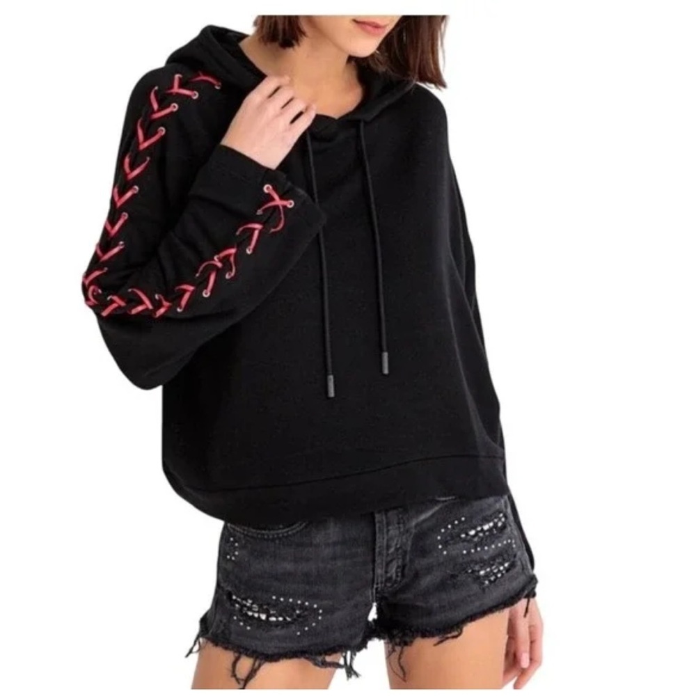 The Kooples Sport Hoodie Black Fleece Red Leather Lace Up Womens Oversized Large